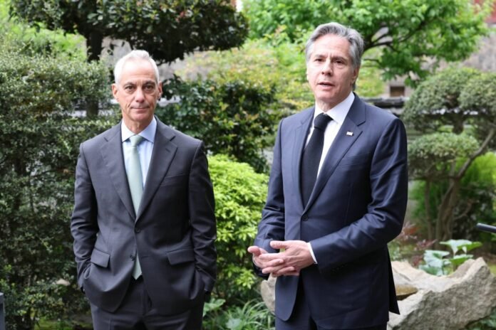 U.S. Secretary of State Antony Blinken (right) speaks to reporters with U.S. Ambassador to Japan Rahm Emanuel at the ambassador's official residence in Tokyo last month. An officer to monitor problematic behavior from China will be stationed at the embassy in Tokyo. 