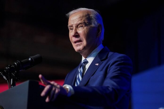 U.S. President Joe Biden speaks during a visit to the Milton J. Rubenstein Museum of Science and Technology in Syracuse, New York, on April 25. 