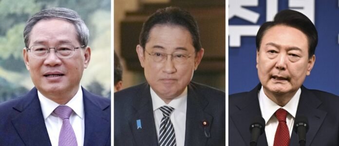 Chinese Premier Li Qiang (from left), Prime Minister Fumio Kishida and South Korean President Yoon Suk-yeol are expected to meet in Seoul on May 26 and 27. 