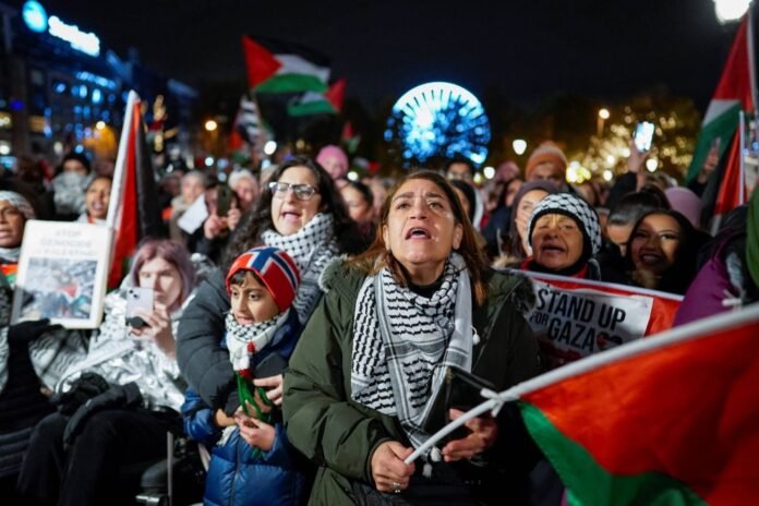 People attend a demonstration in support of Gaza and Palestinians outside the building of the Norwegian parliament in Oslo, Norway, on Nov. 4, 2023. 