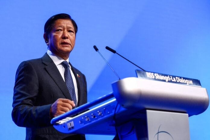 Philippine President Ferdinand Marcos Jr. delivers a keynote address at the Shangri-La Dialogue security conference in Singapore on Friday night. 