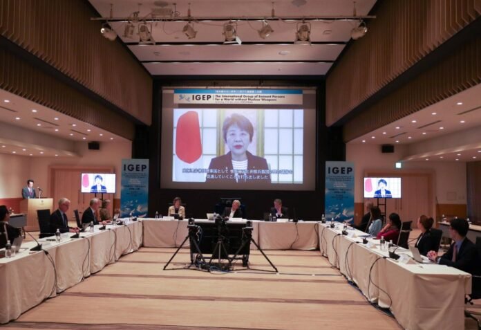 Foreign Minister Yoko Kamikawa delivers a video message during a meeting of the International Group of Eminent Persons for a World without Nuclear Weapons in Yokohama on Tuesday.  