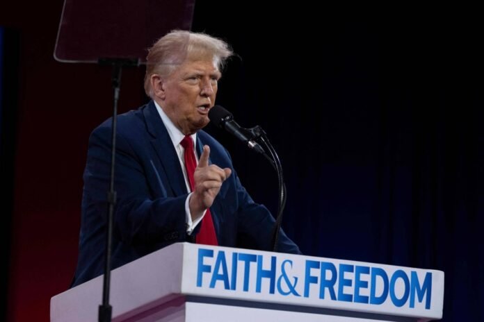 Former U.S. President Donald Trump delivers the keynote address at the Faith and Freedom Coalition conference in Washington on Saturday. 