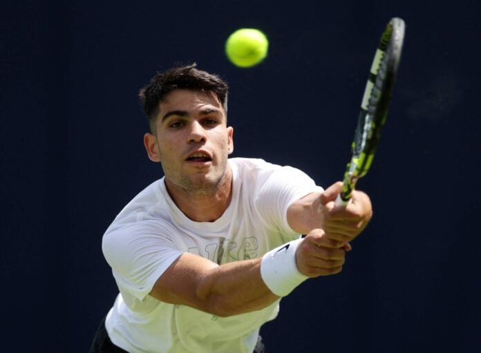 Spain's Carlos Alcaraz takes part in a practice session at The Queen's Club in London on Monday. 
