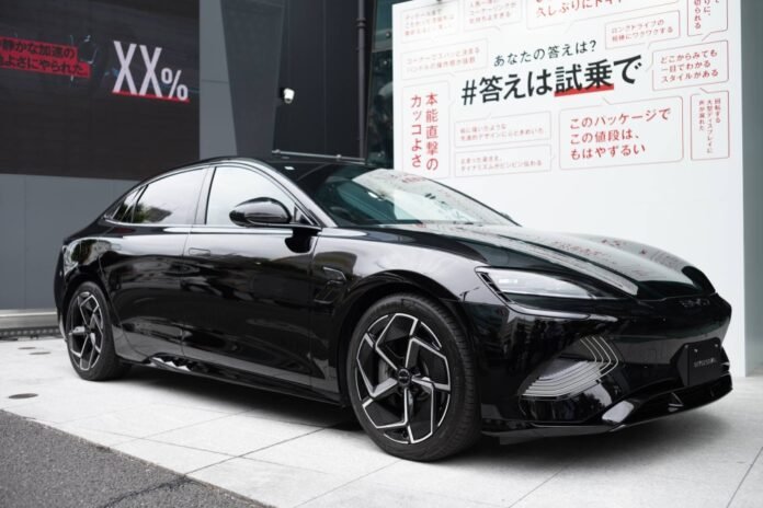 A BYD Seal electric sedan displayed in Tokyo on Tuesday 