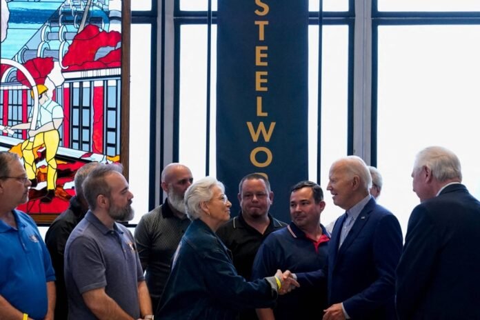 U.S. President Joe Biden meets with steelworkers at United Steel Workers headquarters in Pittsburgh in April. 