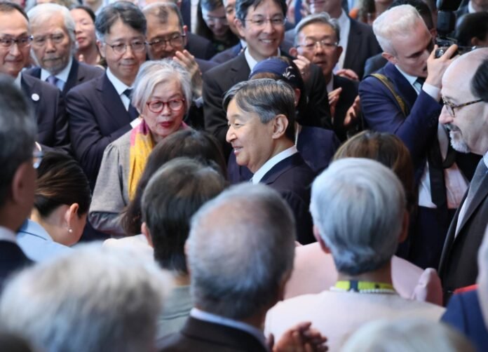 Emperor Naruhito arrives at a reception hosted by five Japanese-British friendship organizations in London on Monday. 