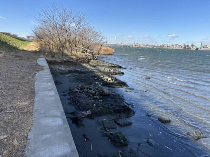 The area along the Tama River where a suitcase containing the body of Tadayuki Hara was found.  