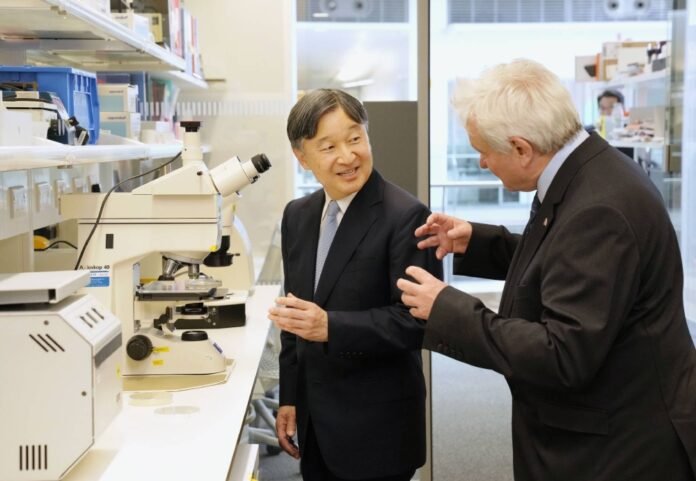 Emperor Naruhito visits the Francis Crick Institute in London on Wednesday. 