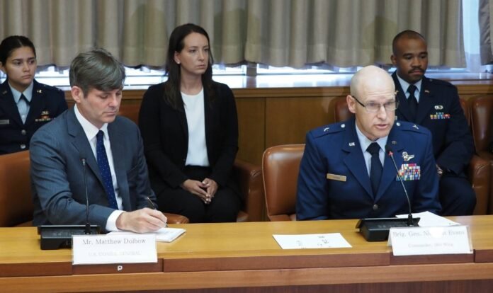 Brig. Gen. Nicholas Evans (right), commander of the U.S. 18th Wing at Kadena Air Base in Okinawa Prefecture, speaks at the Okinawa Prefectural Government building in Naha on Thursday. 