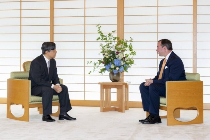 Emperor Naruhito (left) meets with Luxembourg's Crown Prince Guillaume at the Imperial Palace in Tokyo on Monday. 