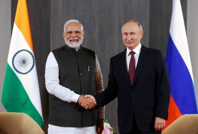 Indian Prime Minister Narendra Modi (left) and Russian President Vladimir Putin attend a meeting on the sidelines of the Shanghai Cooperation Organization summit in Samarkand, Uzbekistan, on Sept. 16, 2022. This was the two leaders’ last meeting. 