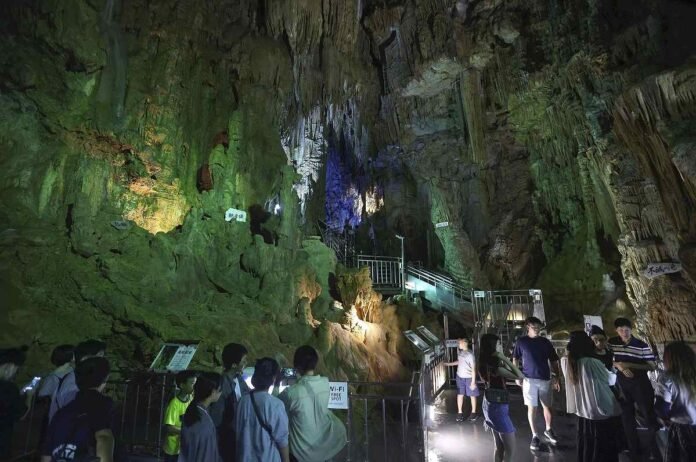 Fukushima cave offers relief from persistent summer heat; illuminated to create fantastic atmosphere

